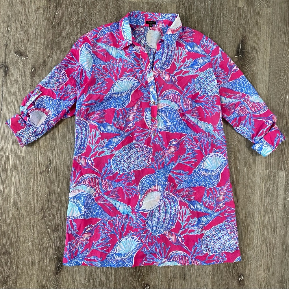 TALBOTS Tunic Swim Cover Up Womens Size 2X Pink Blue Seashell Roll Tab Sleeve